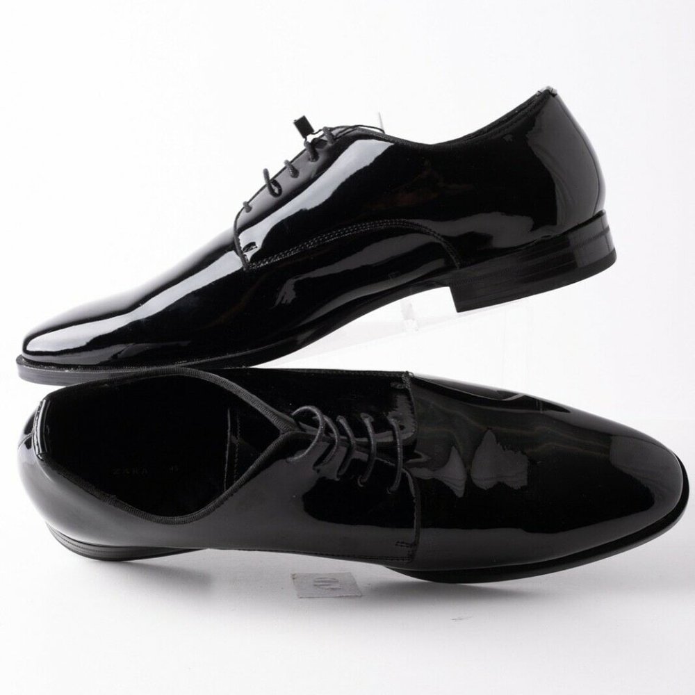 Zara Mens Black Derby Shoes Patent Finish Sz 12 45 - Picture 10 of 11